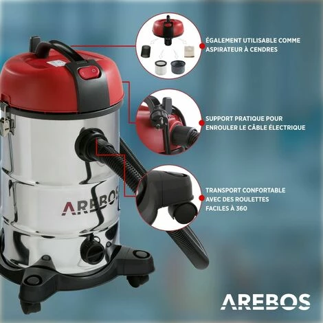 AREBOS Aspirateur Industriel | Aspirateur Eau et Poussière | Aspirateur Sec et Humide | 1800W | 30L | acier inoxydable - noir/rouge AREBOS Aspirateur Industriel | Aspirateur Eau Et Poussière | Aspirateur Sec Et Humide | 1800W | 30L | Acier Inoxydable - Noir/rouge -Aspirateur et sac Soldes 16033473 3