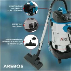 AREBOS Aspirateur Industriel | Aspirateur Eau Et Poussière | Aspirateur Professionnel Avec Prise De Courant | Aspirateur Sec Et Humide | 1600W | 30L | Acier Inoxydable | Fonction De Soufflage | Bleu - Bleu -Aspirateur et sac Soldes 26673610 4