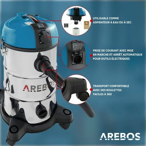 AREBOS Aspirateur Industriel | Aspirateur Eau et Poussière | Aspirateur Sec et Humide | 6en1 | 2300W | 30L | Acier Inoxydable | Fonction de soufflage | Bleu - Bleu AREBOS Aspirateur Industriel | Aspirateur Eau Et Poussière | Aspirateur Sec Et Humide | 6en1 | 2300W | 30L | Acier Inoxydable | Fonction De Soufflage | Bleu - Bleu -Aspirateur et sac Soldes 26673622 3