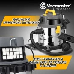 VACMASTER PROFESSIONAL Aspirateur Eau Et Poussières 1600W - 20L Inox - 27 Kpa Avec Prise Intégrée -Aspirateur et sac Soldes 55298737 3