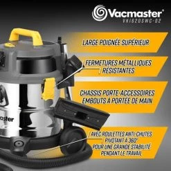 VACMASTER PROFESSIONAL Aspirateur Eau Et Poussières 1600W - 20L Inox - 27 Kpa Avec Prise Intégrée -Aspirateur et sac Soldes 55298737 4